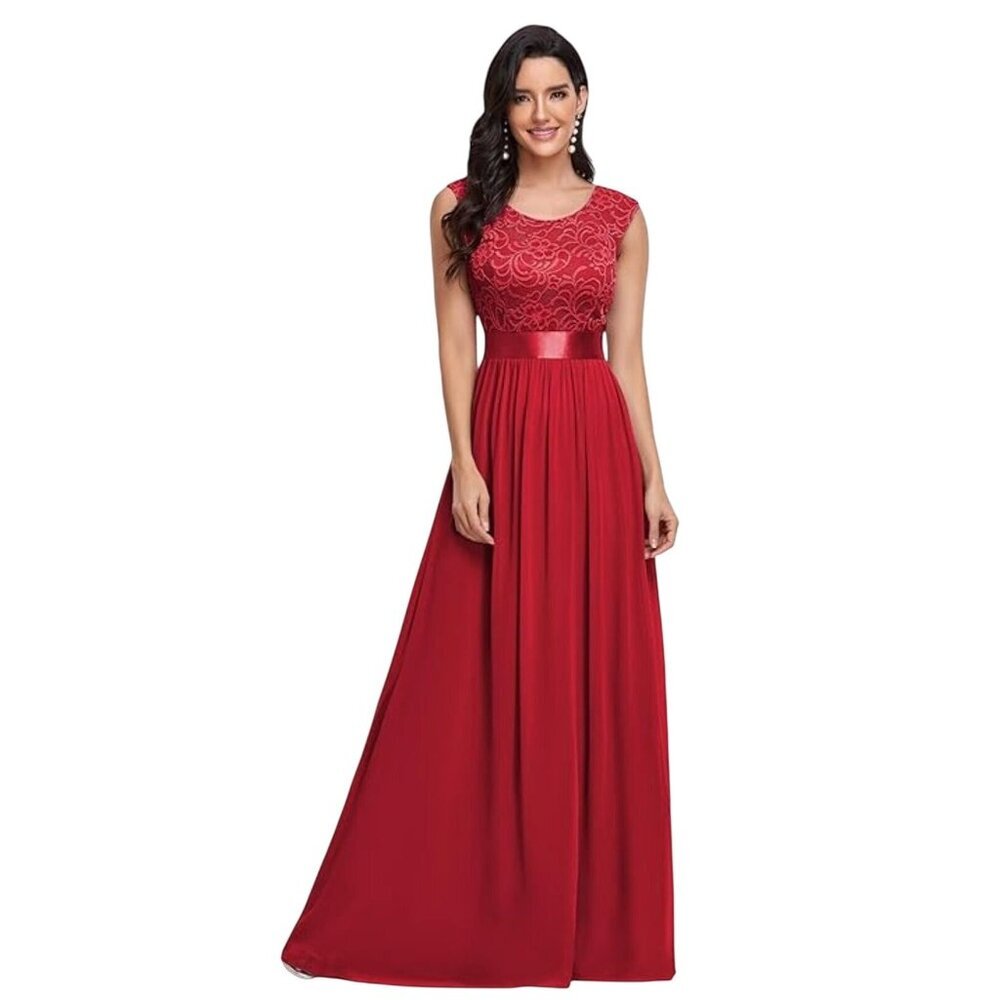 Sleeveless Dress Red Lace Chiffon Long Berylove Evening Gown Satin Patty prom M
